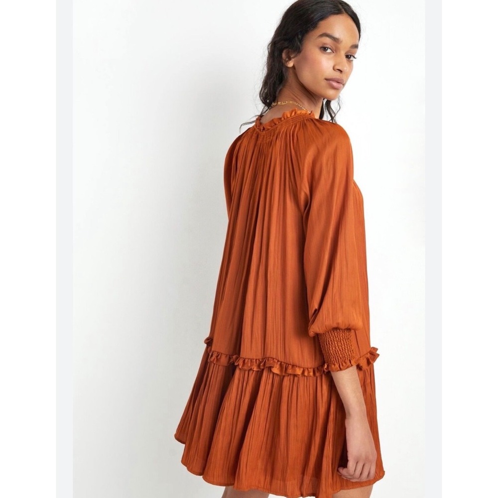 Anthropologie Pleated Mini Dress Giulia XS Orange Ruffle Tiered Boho Fall